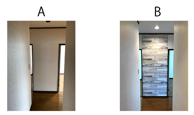 AとBの比較写真。Aは玄関ドアを開けたら白一色の一般的なクロスの壁紙の光景。Bは玄関ドアを開けたら正面の一枚だけキレイなアクセントクロスが張ってあり、木目調の明るい印象の光景。